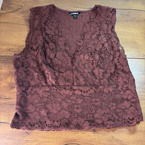 Express Lace Sleeveless V-Neck Smocked Top Brown Size Medium Retail $64 - Picture 1 of 8